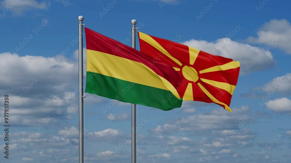 Bolivia and North Macedonia flags flying together, video concept of the relationship Bolivia and North Macedonia flags flying together, video concept of the relationship
