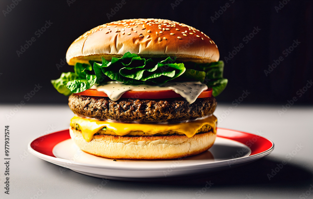 Appetizing hamburger with vegetables and meat and on black background Appetizing hamburger with vegetables and meat and on black background