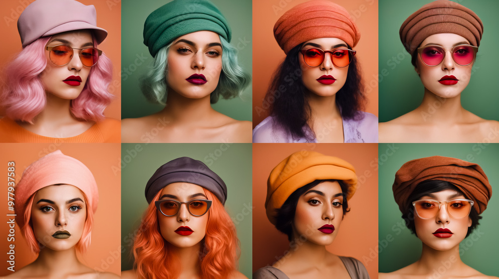 A grid of 10 images in 5 columns by 2 rows featuring the same woman with different colored hair and hats in each image. A grid of 10 images in 5 columns by 2 rows featuring the same woman with different colored hair and hats in each image.