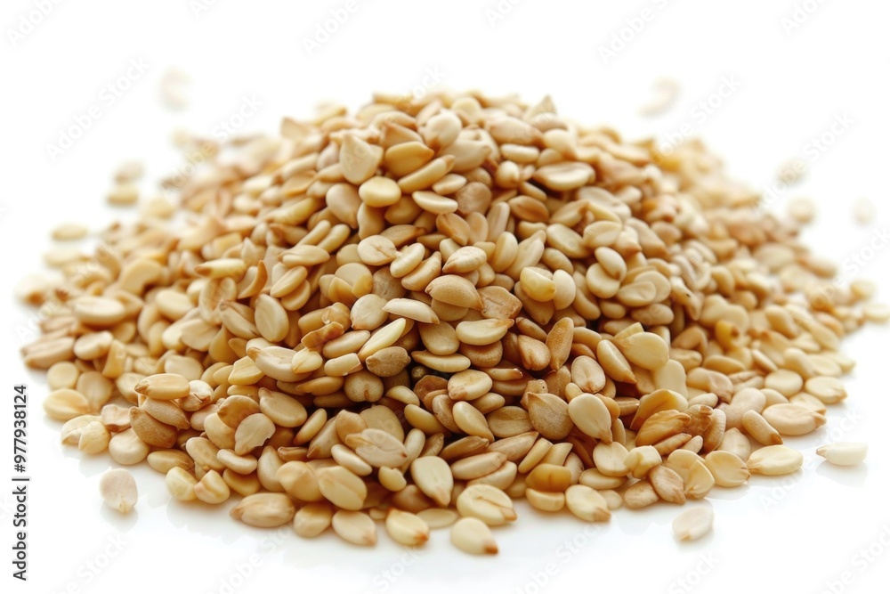 A compact pile of sesame seeds on a white surface A compact pile of sesame seeds on a white surface