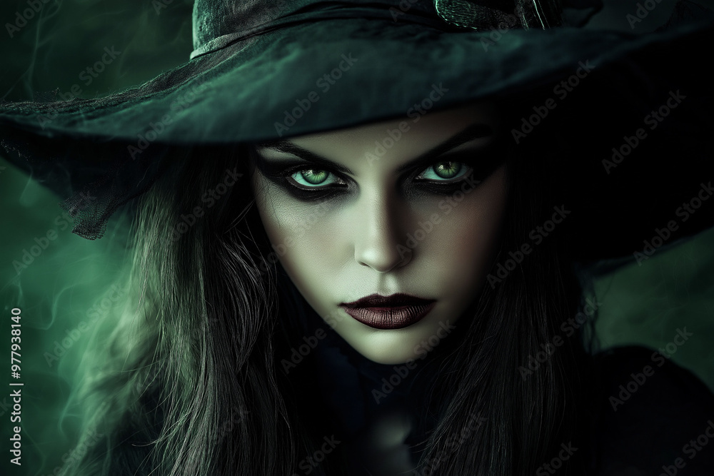 Mesmerizing, intense gaze of mysterious woman in dark, gothic outfit, Halloween theme concept Mesmerizing, intense gaze of mysterious woman in dark, gothic outfit, Halloween theme concept