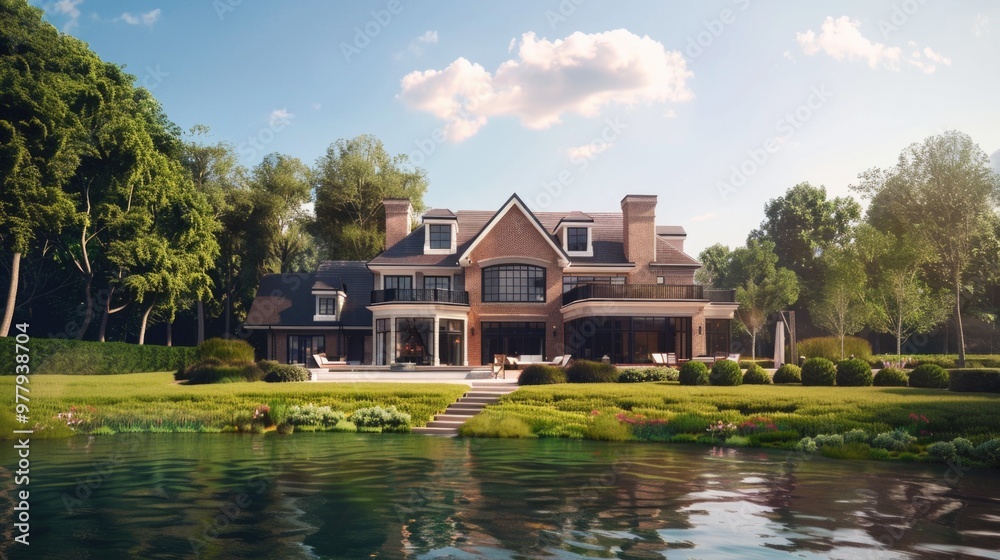 A large house situated on the edge of a vibrant green field, perfect for outdoor scenery or rustic theme A large house situated on the edge of a vibrant green field, perfect for outdoor scenery or rustic theme