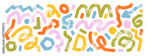 Funky playful squiggle lines, swirls with loops, bold doodle brush strokes. Marker drawn thick curly lines set.