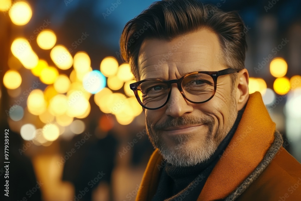 Middle aged man with glasses and a warm smile standing in front of a bokeh background of bright city lights symbolizing confidence intelligence and modern urban life Middle aged man with glasses and a warm smile standing in front of a bokeh background of bright city lights symbolizing confidence intelligence and modern urban life