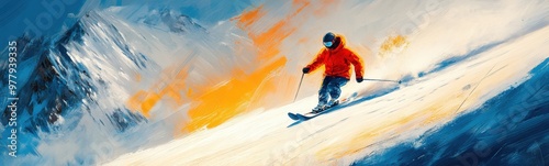 Skier in orange jacket skiing down a steep mountain slope photo