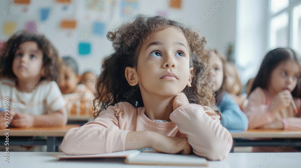 Obraz premium A group of children seated at desks in a typical classroom setting