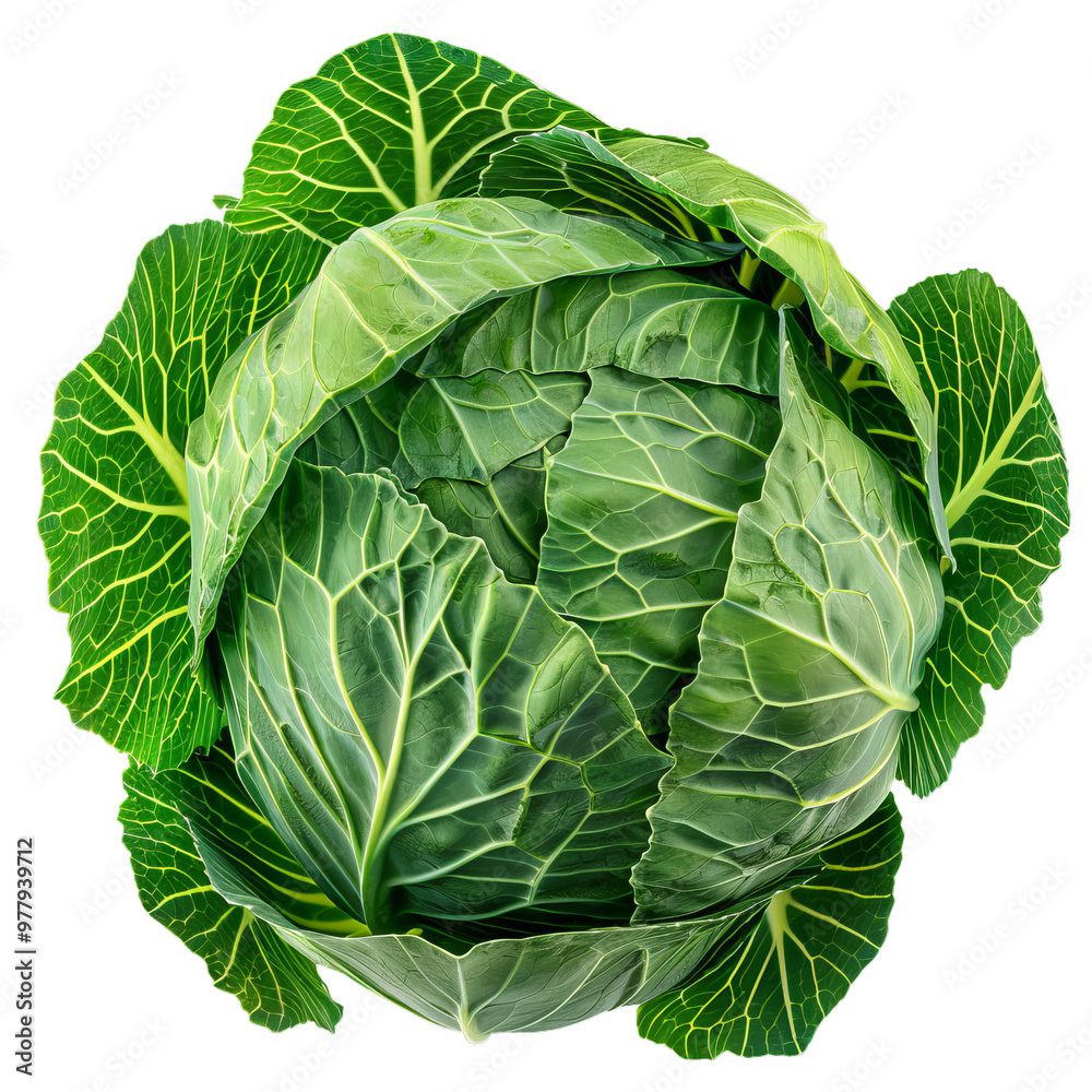 Obraz premium This image shows a fresh green cabbage with all its leaves intact, isolated on a white background