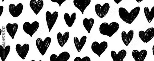 Seamless pattern with charcoal drawn cute hearts. Crayon doodle hearts wallpaper. Punk or grunge style seamless banner design.