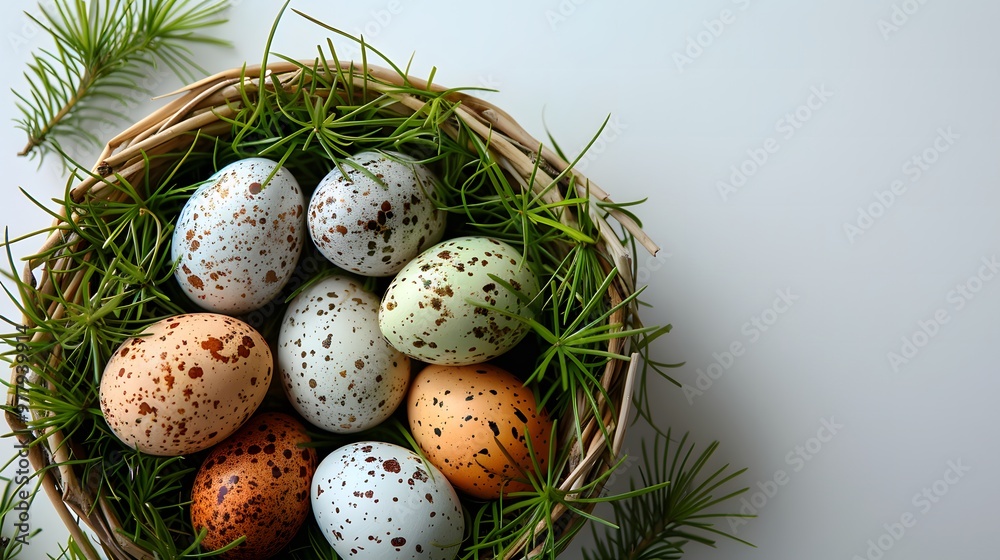 Speckled Easter Eggs in Natural Basket with Greenery, Copyspace for Spring-Themed Banners or Holiday Marketing
Speckled Easter Eggs in Natural Basket with Greenery, Copyspace for Spring-Themed Banners or Holiday Marketing