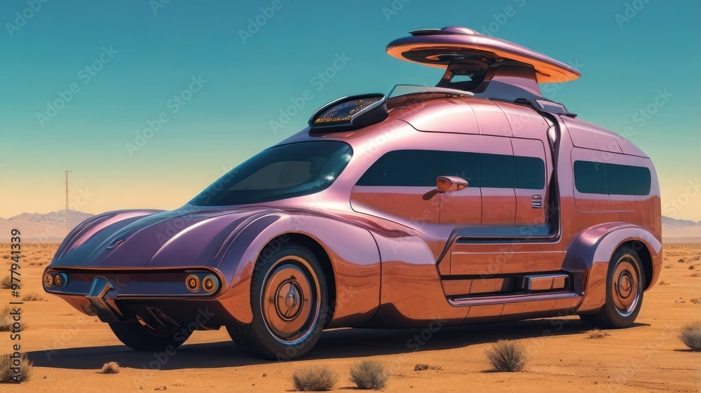 Sci-fi futuristic bus in a desert area Sci-fi futuristic bus in a desert area