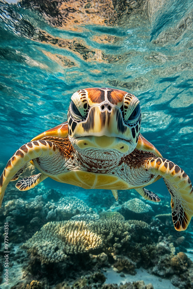 Fototapeta premium a beautiful cute turtle swim in deep ocean close up shot generated by AI