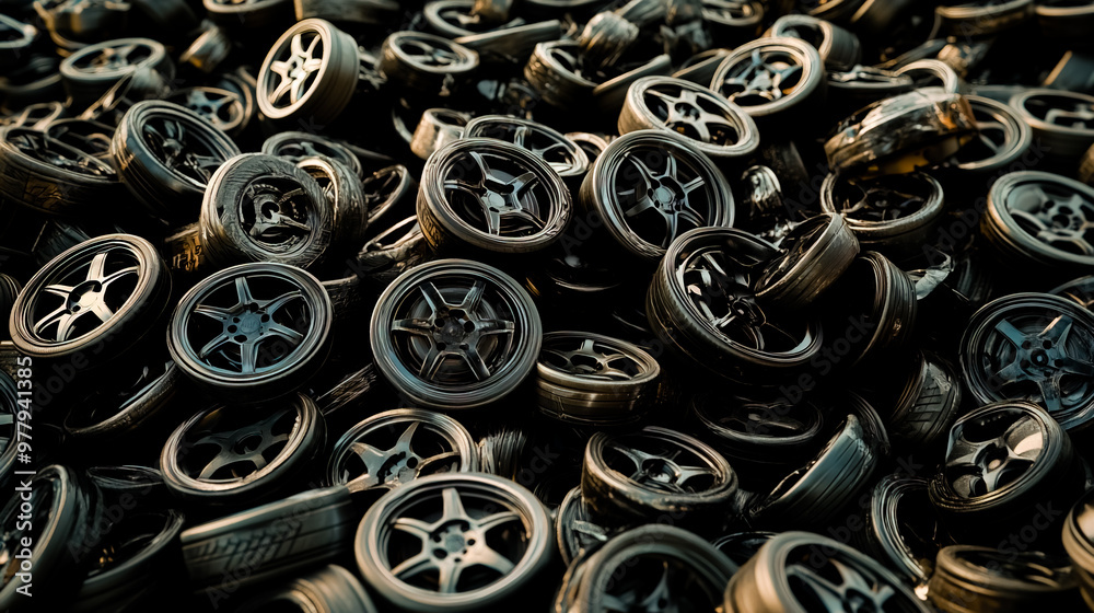 Fototapeta premium A large pile of car wheels. 3D rendering illustration.