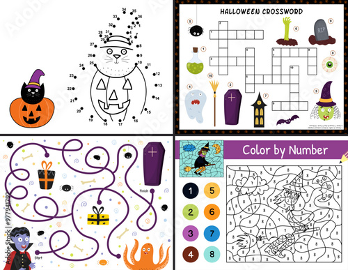 Halloween activity pages set for kids. Funny games collection in US Letter format. Color by number, dot to dot, maze and crossword templates bundle with spooky characters. Vector illustration