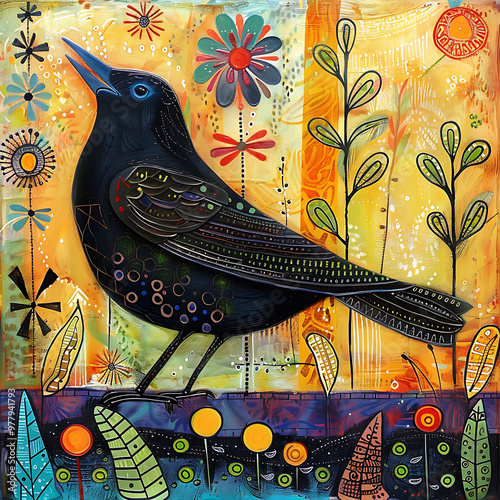 Folk Art Illustration of a Blackbird Singing