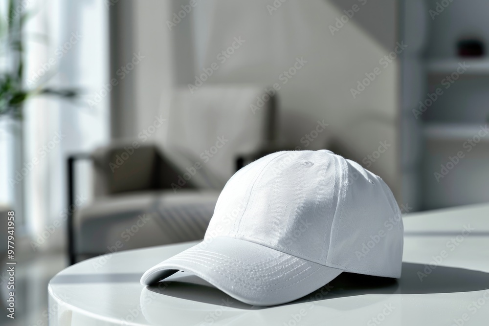 A single white hat sits atop a plain white table, offering a clean and minimalist composition A single white hat sits atop a plain white table, offering a clean and minimalist composition