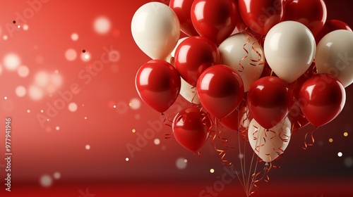Celebration party banner background with red, gold balloons, carnival, festival or birthday balloon red background, red celebration background template
