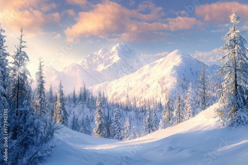 Photorealistic view of snow-covered mountain peaks and forest during a sunny winter day, surrounded by pine trees and snow-covered landscape, Ai Generation