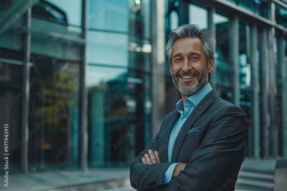 A elegant 45-year-old man who gives the impression of entering a glass building and smiles at the camera A elegant 45-year-old man who gives the impression of entering a glass building and smiles at the camera