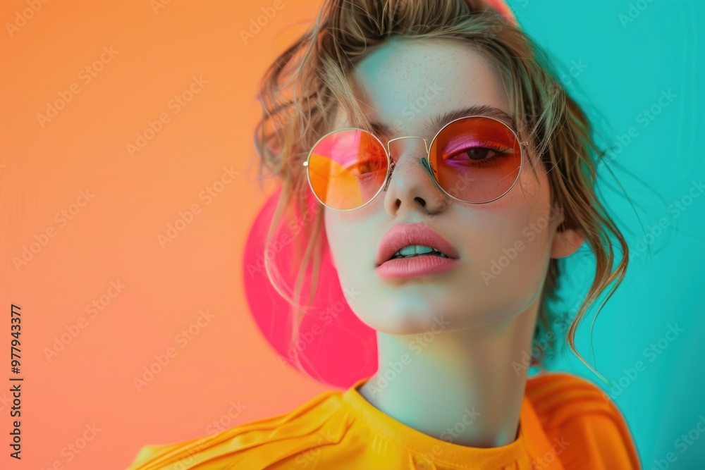 A woman posing outdoors with bright yellow shirt and pink sunglasses, suitable for use in travel or leisure photography A woman posing outdoors with bright yellow shirt and pink sunglasses, suitable for use in travel or leisure photography