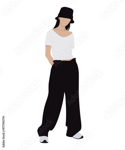 Vector illustration of a woman in a white top and black baggy pants. Simple casual