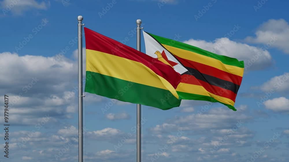 Zimbabwe and Bolivia flags flying together, video concept of the relationship, two country cooperation concept Zimbabwe and Bolivia flags flying together, video concept of the relationship, two country cooperation concept