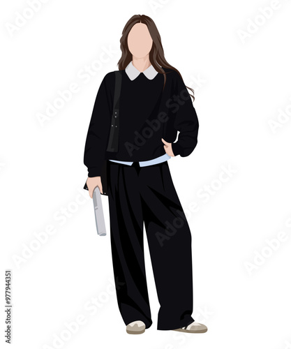 Vector illustration of a woman in a black oversize sweater, wide pants and snow-white boots.