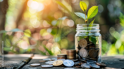 A jar filled with coins has a small plant sprouting from the top, symbolizing financial growth and investment.