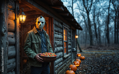 Man dressed in a Halloween character costume with ski mask  holding a bowl of candy in the doorway of a shack in the woods. Trick or treat parody spoof photo