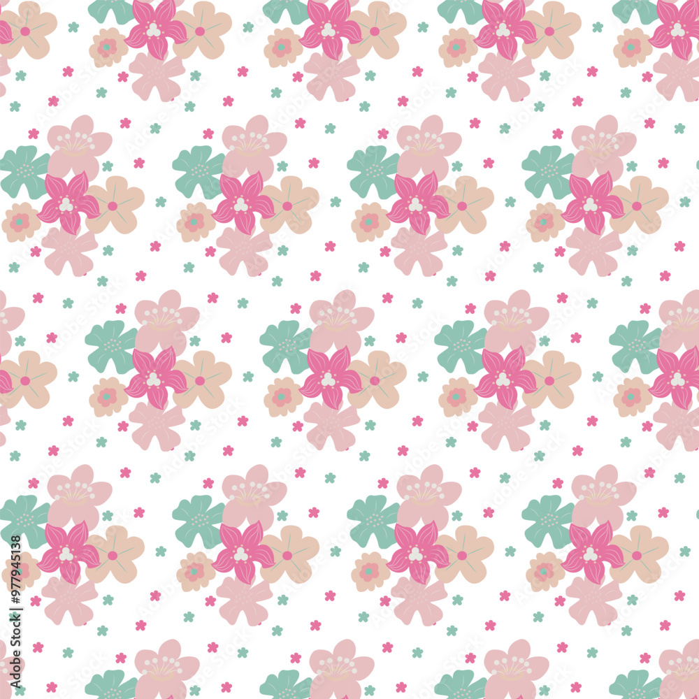 Seamless pattern of simple flowers and plant elements. Vector illustration in cartoon style. Seamless pattern of simple flowers and plant elements. Vector illustration in cartoon style.