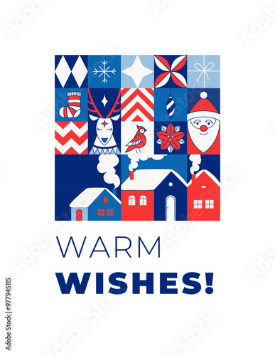 Warm Wishes New Year Christmas card modern geometric design with festive icons and holiday greetings The bold red, white, and blue colors. Traditional holiday. Vector illustration, flat style design.