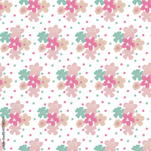 Seamless pattern of simple flowers and plant elements. Vector illustration in cartoon style.