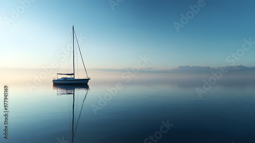Tiny sailboat on an expansive, calm sea under a cloudless sky and no visible land



