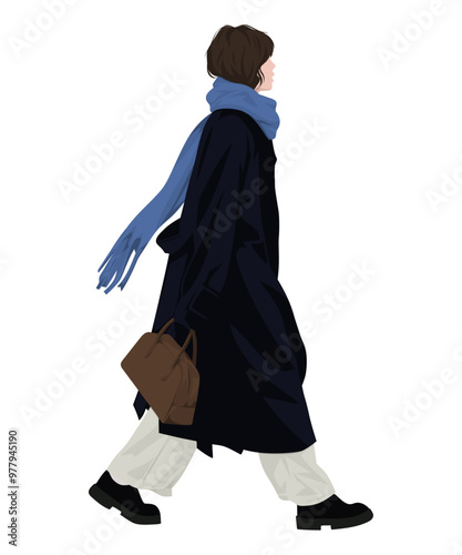 Vector illustration of a woman in a long black coat, light pants and chunky boots. Accessorized with a blue scarf and a brown bag.