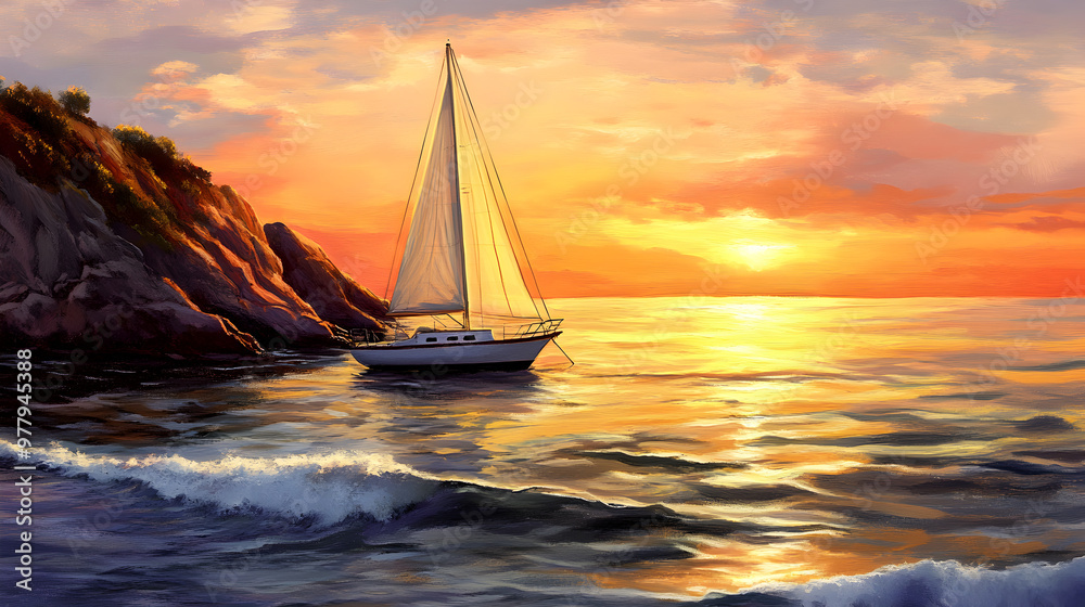 Fototapeta premium Sailboat resting in a calm cove with soft waves and a warm, glowing sunset