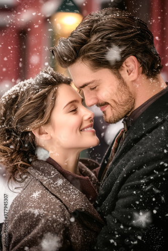 Snowy Romance Under the Lantern Light. A young Caucasian couple shares a tender moment, their faces close together under a gentle snowfall, encapsulating the magic of Christmas. 