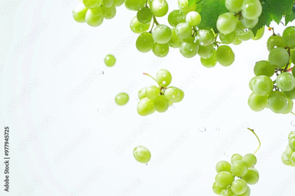 Grapes suspended in mid-air, green and lush Grapes suspended in mid-air, green and lush