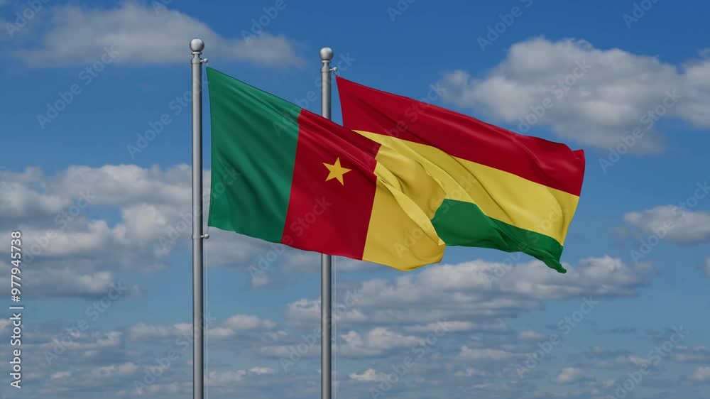 Bolivia and Cameroon flags flying together, video concept of the relationship, two country relations concept Bolivia and Cameroon flags flying together, video concept of the relationship, two country relations concept