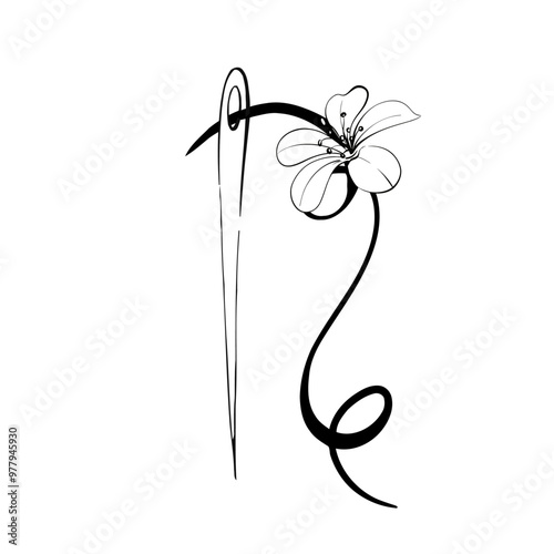 Vintage needle with thread, isolated. Sewing tool for fashion. With freesia. Retro style for stitch, dressmaker, hobby and craft. Graphic vector line, hand drawn, black silhouette for cricut