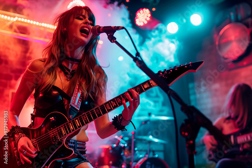 Woman Singing and Playing Electric Guitar on Stage, generated with artificial intelligence