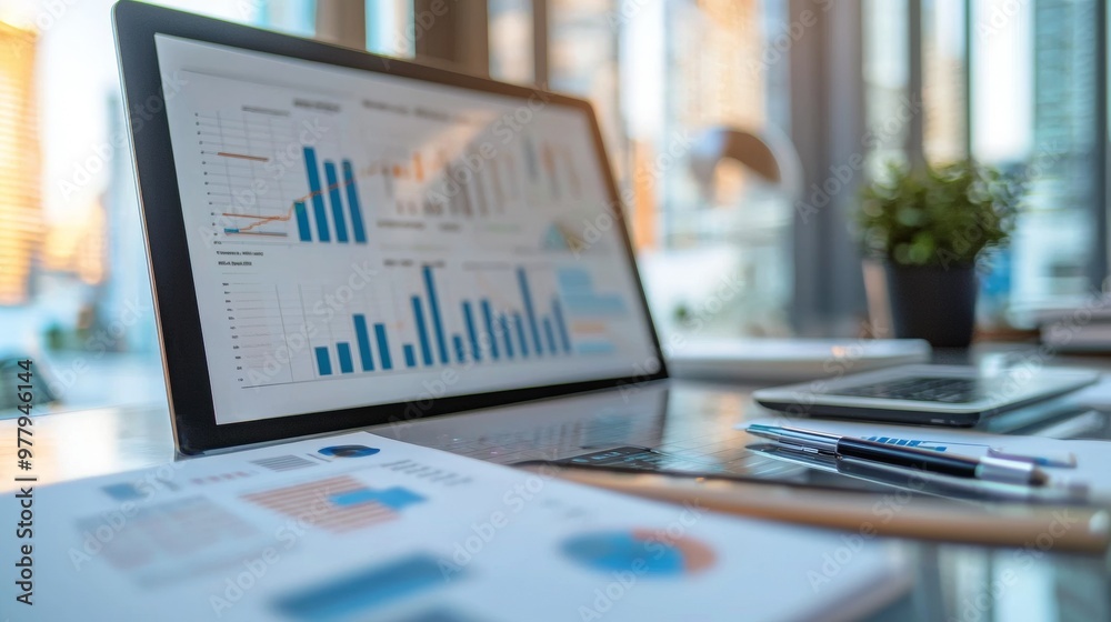 Business workspace with digital charts and graphs on a laptop Business workspace with digital charts and graphs on a laptop