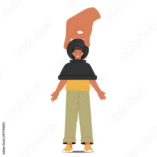 Giant Hand Manipulating A Small Person Wearing A Pawn Costume Symbolizing Feeling Of Being Controlled, Manipulated