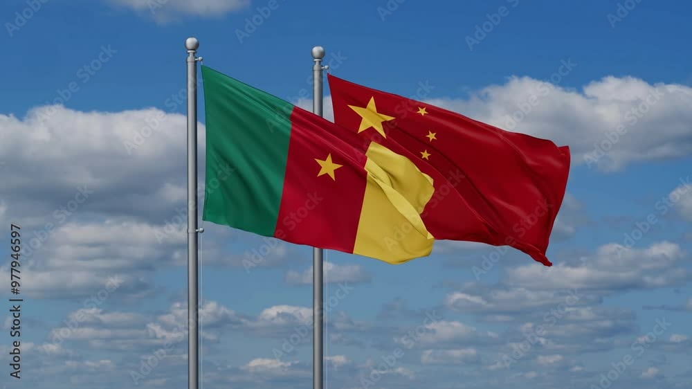 China and Cameroon flags flying together, video concept of the relationship, two country relations concept China and Cameroon flags flying together, video concept of the relationship, two country relations concept