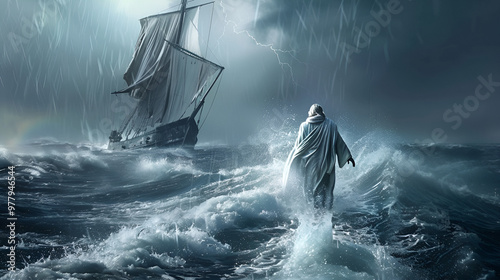 During a storm, Jesus walks on water across the sea toward a boat