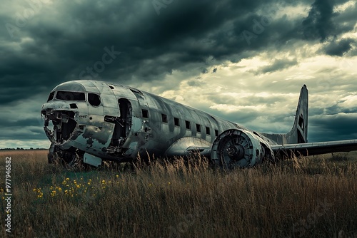 Abandoned Airplane Wreckage in a Field Under Stormy Skies