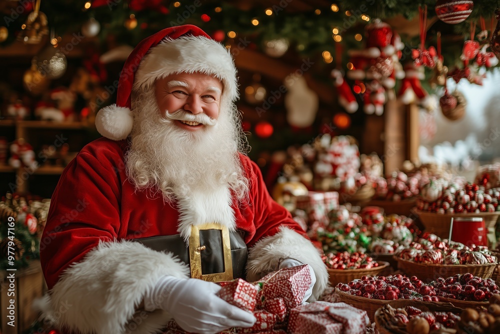 A jolly Santa Claus, dressed in his iconic red suit and white gloves, smiles warmly as he holds beautifully wrapped gifts. A jolly Santa Claus, dressed in his iconic red suit and white gloves, smiles warmly as he holds beautifully wrapped gifts.