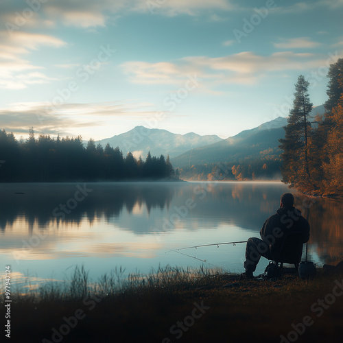 an early morning fishing scene in a breathtaking natural setting. A person sits on the lakeshore, facing a calm lake that reflects the golden light of sunrise, fishing man,fishing by the lake