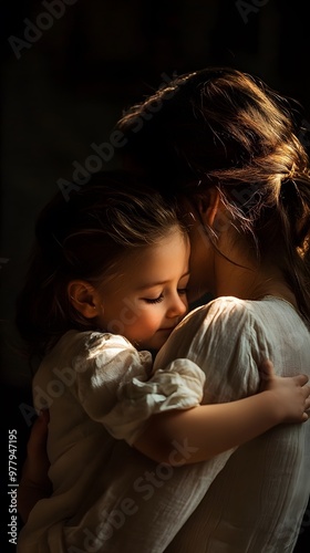 Mother and daughter cuddling with a stuffed bunny toy, sharing an intimate moment