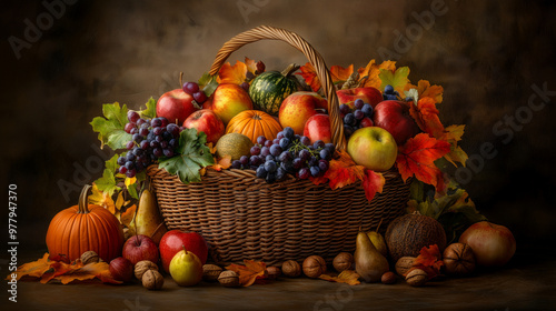 Colorful harvest basket with apples, pumpkins, and grapes in a warm autumn setting photo