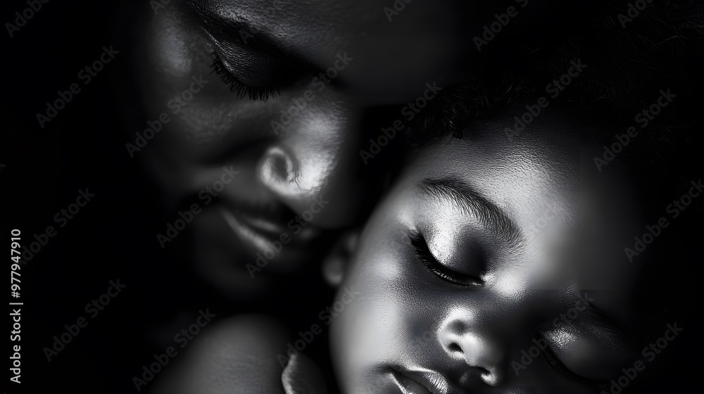 Peaceful and intimate black and white close-up of father and child sharing a quiet moment of love and tenderness Peaceful and intimate black and white close-up of father and child sharing a quiet moment of love and tenderness