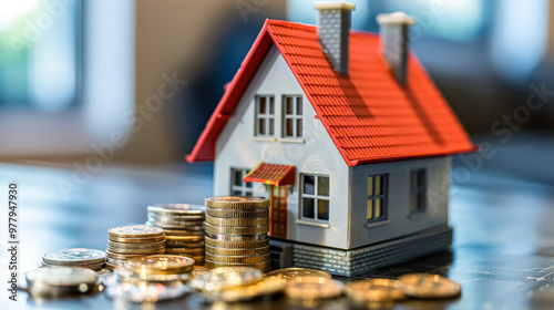 A house made of paper and coins is sitting in a field. The house is surrounded by a lot of coins, which are scattered around it. The scene gives off a feeling of abundance and wealth